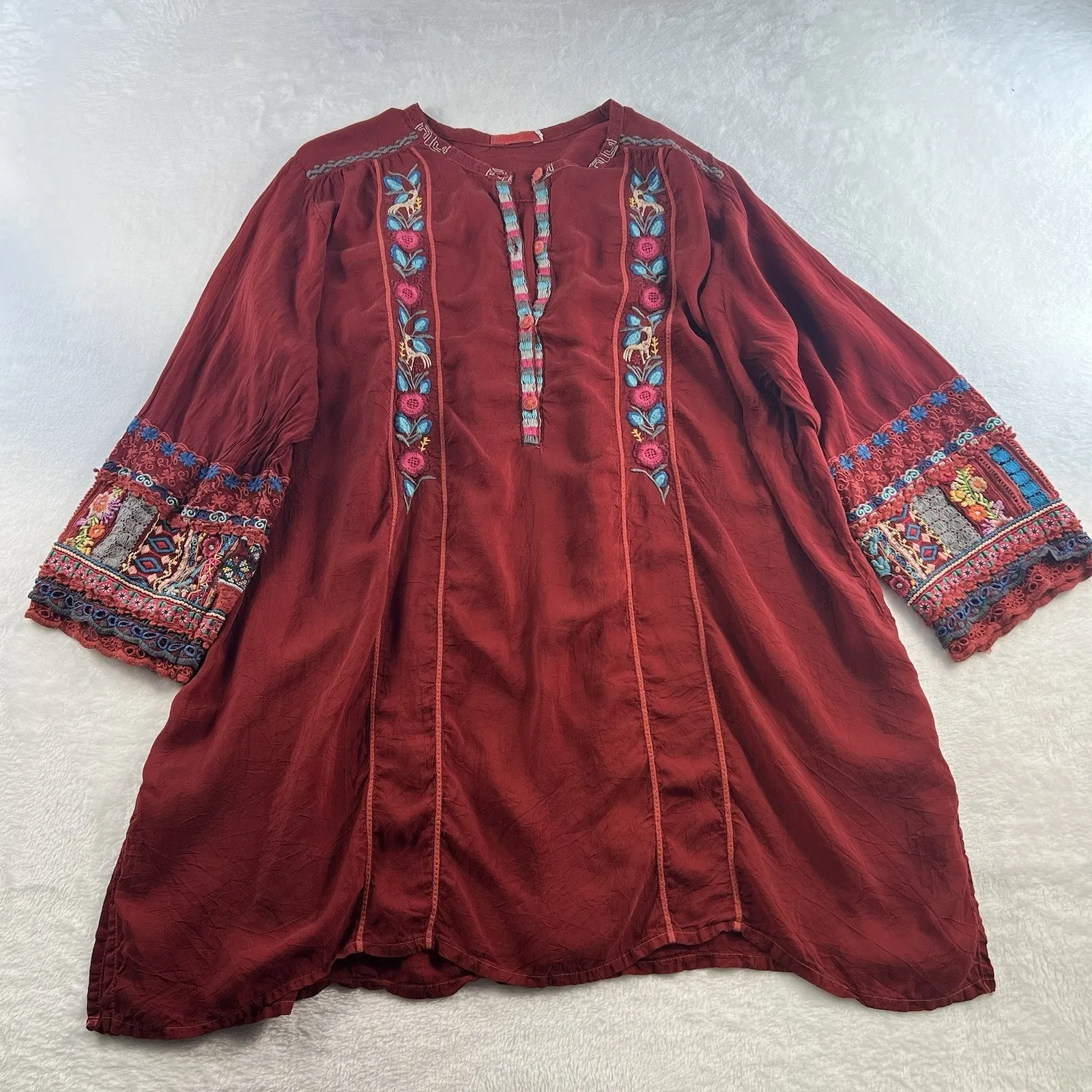 Johnny Was Plus 1X Embroidered Boho Tunic Top Bohemian Hippie Blouse Red Peasant - Image 3