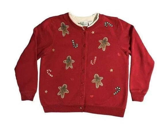 VINTAGE Womens Sweater S Red Gingerbread Men & Candy Canes Pattern - Image 1