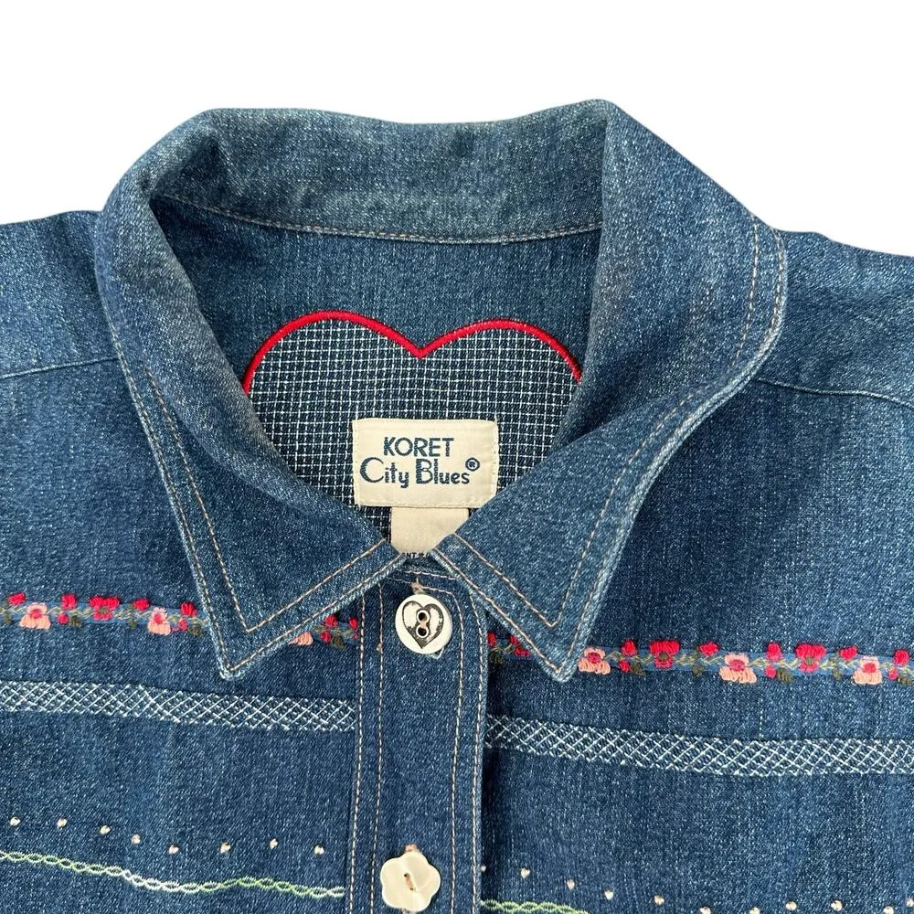 Vintage 90s Koret City Blue Denim Shirt Jacket Patches Embroidered XL Cottage - Image 3