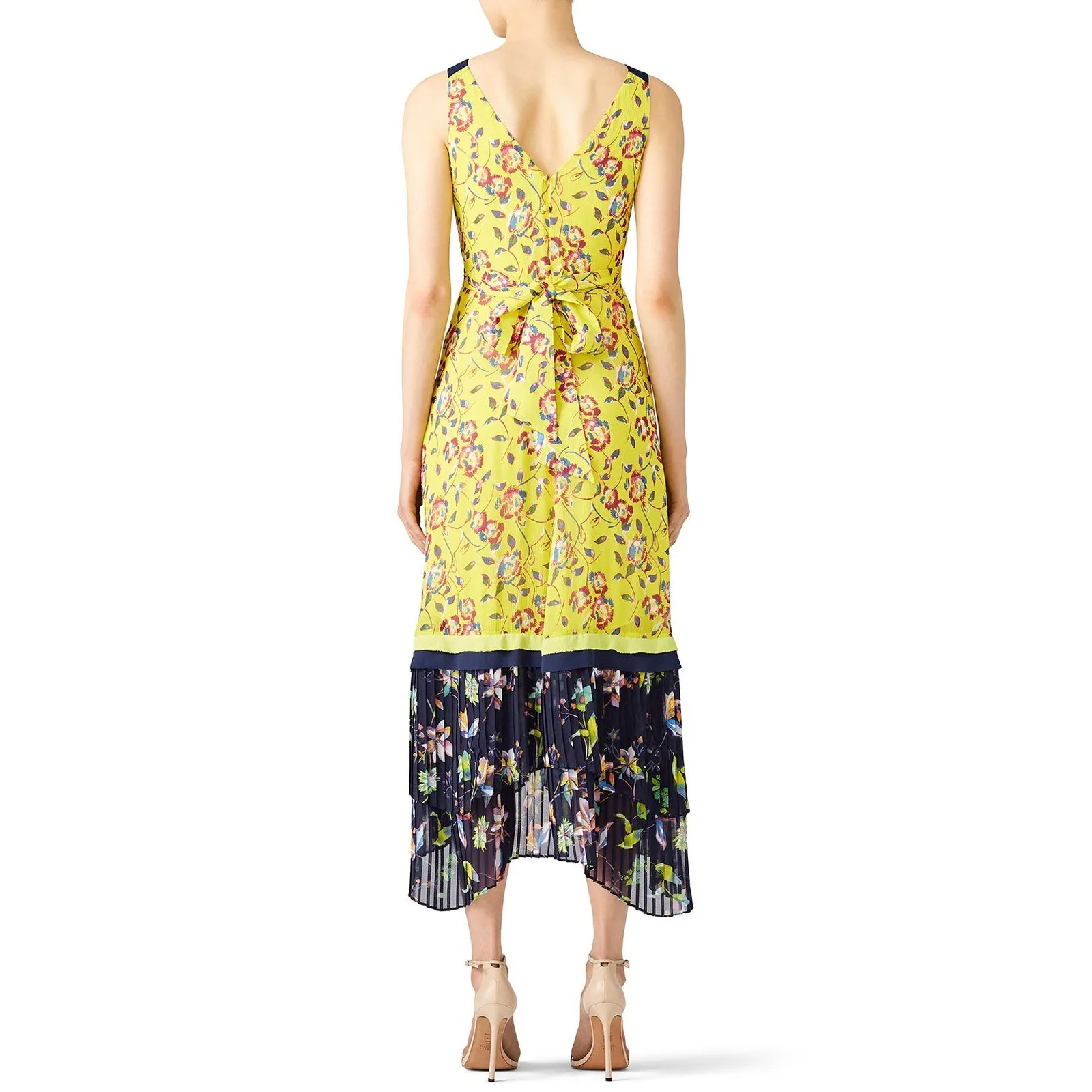 TANYA TAYLOR Yellow Navy Floral Pleated Printed 100% Silk Garden Everly Dress 2 - Image 8