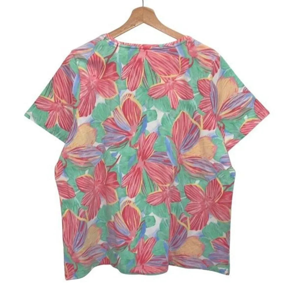 Talbots Tropical Print Short Sleeve Tee Shirt Top Crewneck‎ Size 2X Pink Green - Image 3