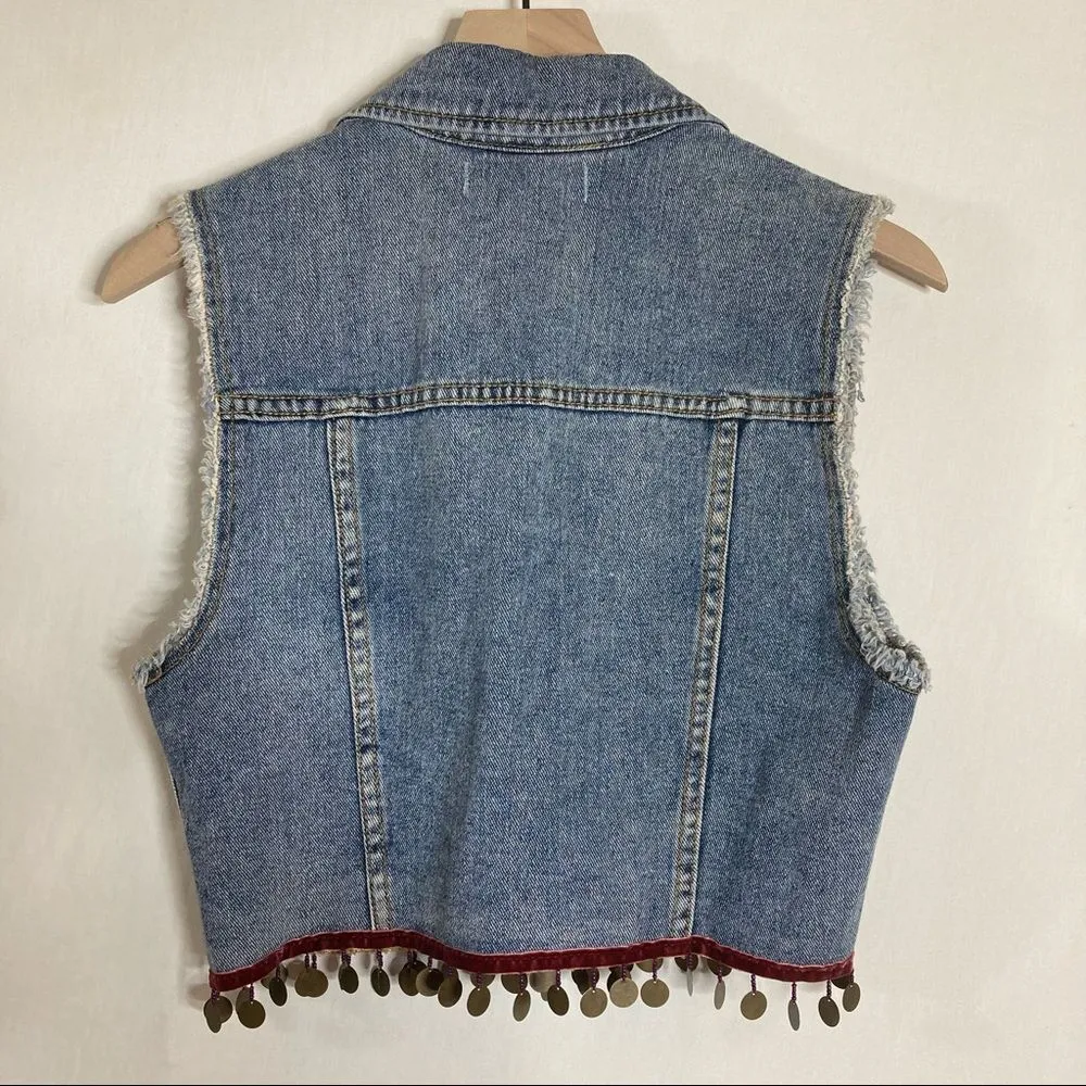 Bullhead Denim Jean Vest Jacket Size Medium Embellished Maroon Velvet Trim Crop - Image 11