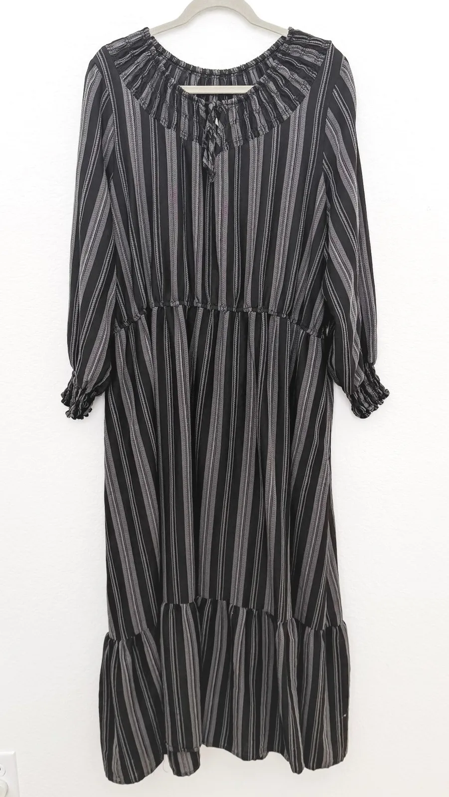 Terra & Sky Womens Dress Size 2X Black Gray Stripe Long Sleeve Maxi Boho Cottage - Image 1