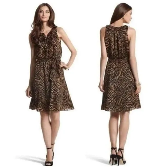 White House Black Market WHBM Brown Tiger Print Silk Mini Dress 0 - Image 2