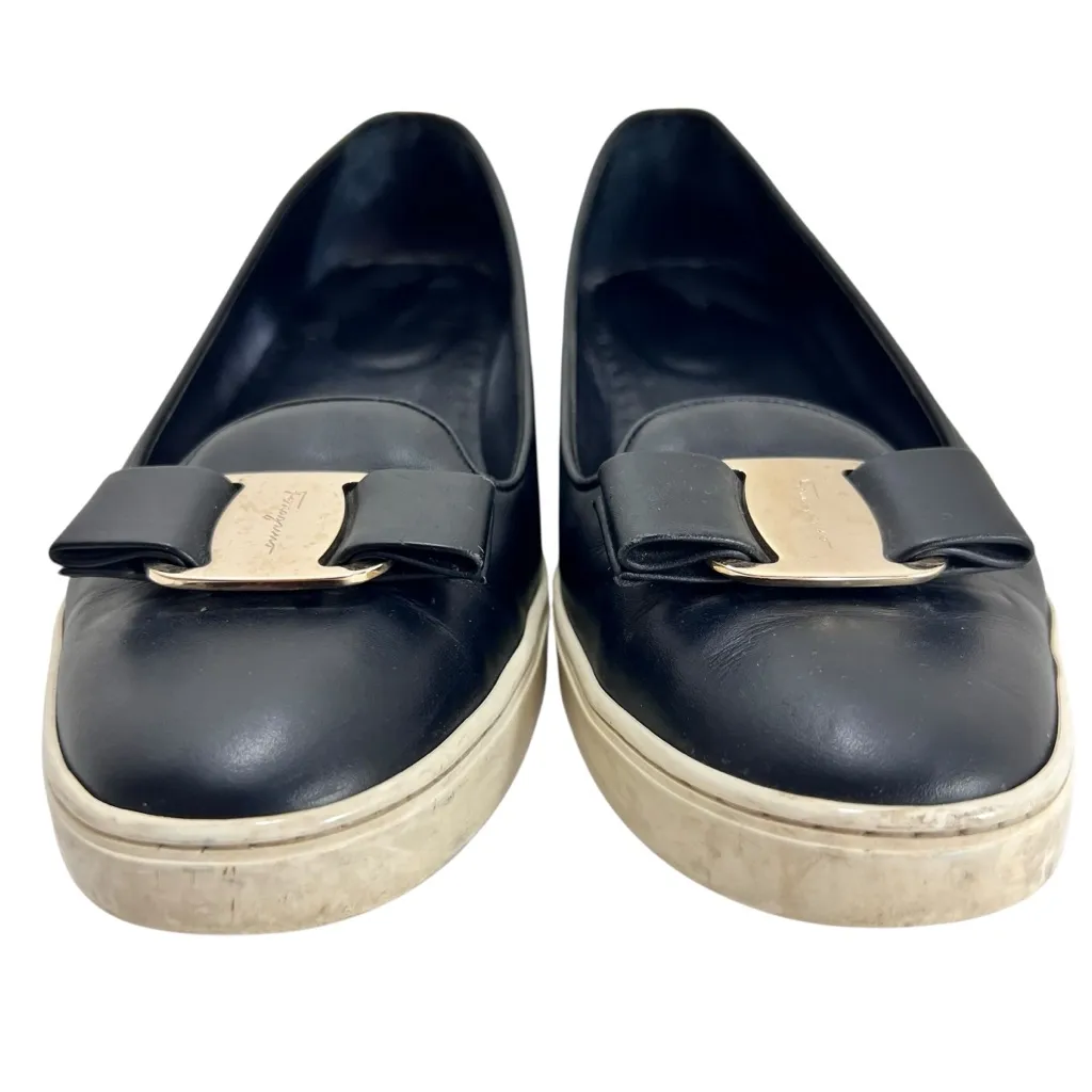 Salvatore Ferragamo Novello Nero Calf Black Leather Flats Sneaker Gold Bow 9.5 - Image 4