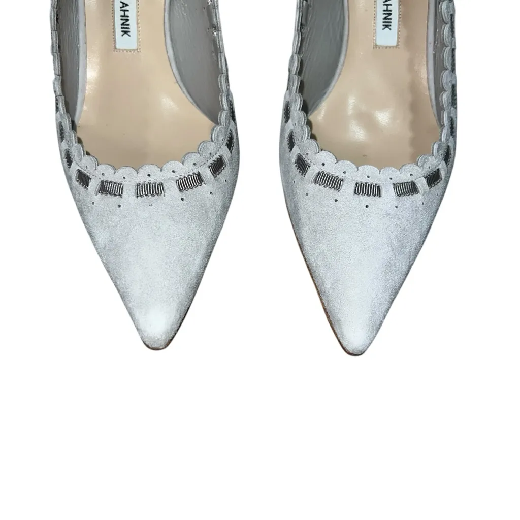 NEW NIB Manolo Blahnik Ciabol Scalloped Slingback Pointed Toe Pumps Gray Suede - Image 3