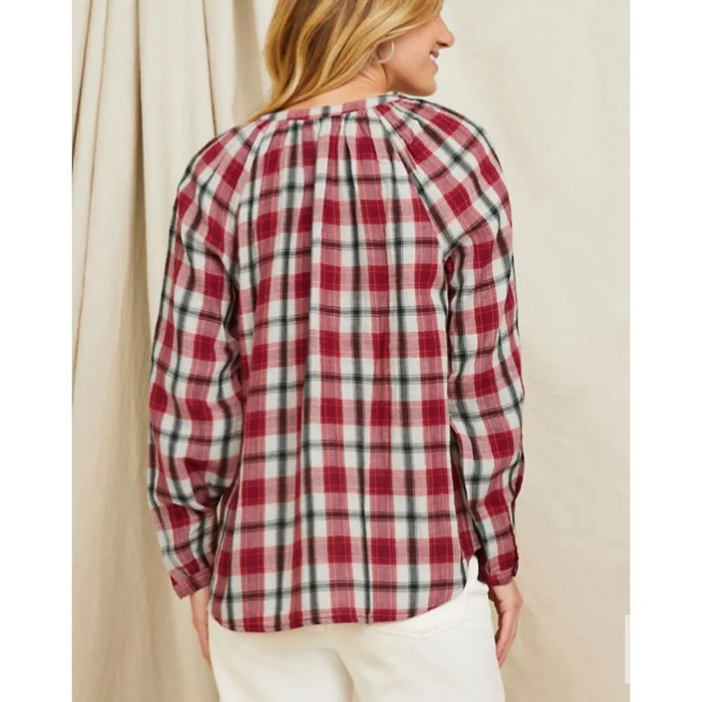 Garnet Hill‎ Organic-Cotton Plaid Popover Medium NWT  Red Black Cream - Image 3