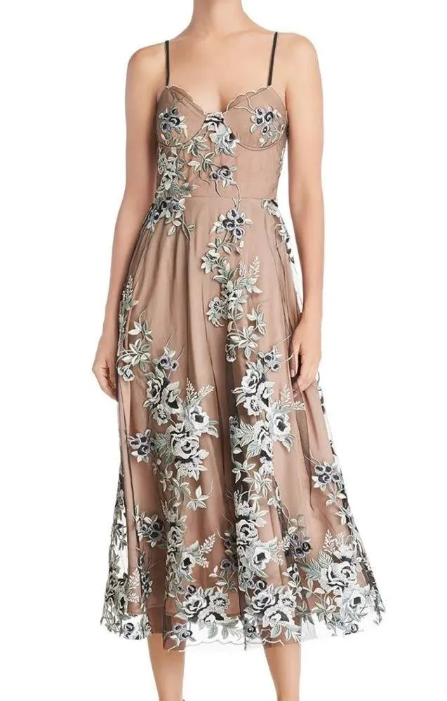 SAU Lee Gabriella Embroidered Dress Black Multi Lace Midi Cocktail Revolve US 2 - Image 9