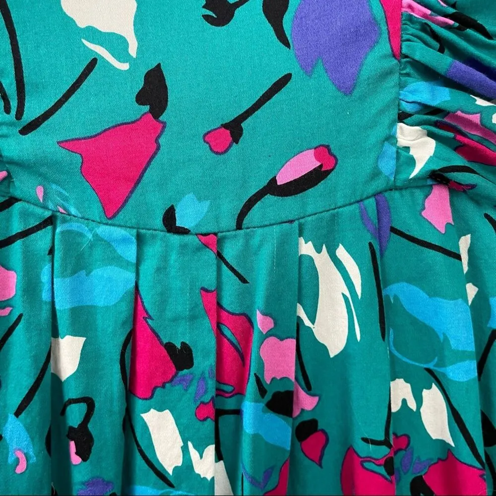 Vintage 80s 90s Lanz Originals Cotton Teal Tulips Floral Puff Sleeve Dress 10 Size undefined - Image 4