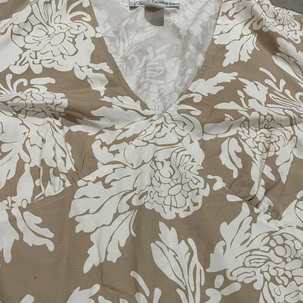 Silk Assets Women Floral Mini Dress L Beige White Bell Sleeve 70% Silk 30% Linen Size L - Image 6