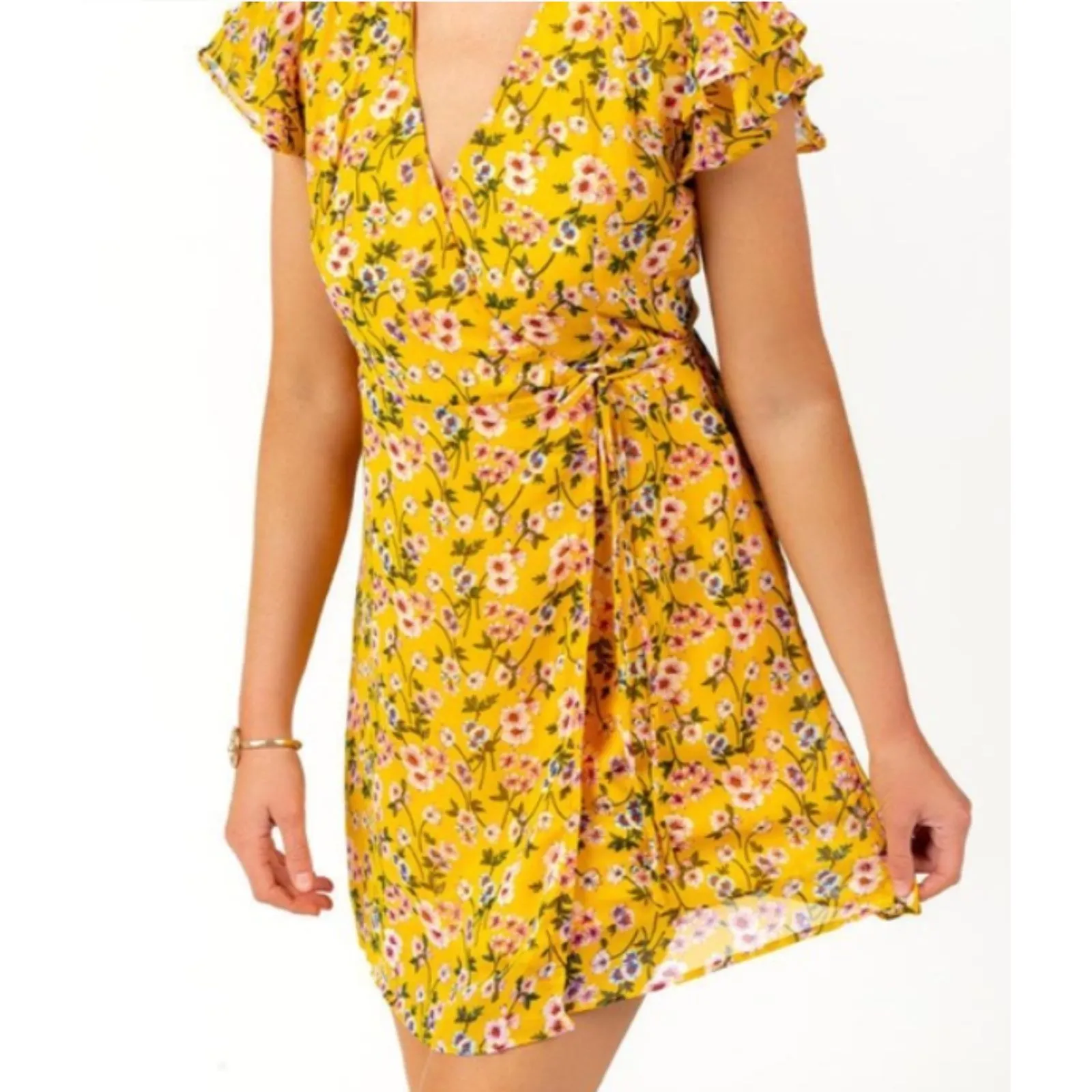 Harper Heritage Dora Yellow Floral Ruffle Mini Wrap Dress Playful Summer Chic M - Image 13