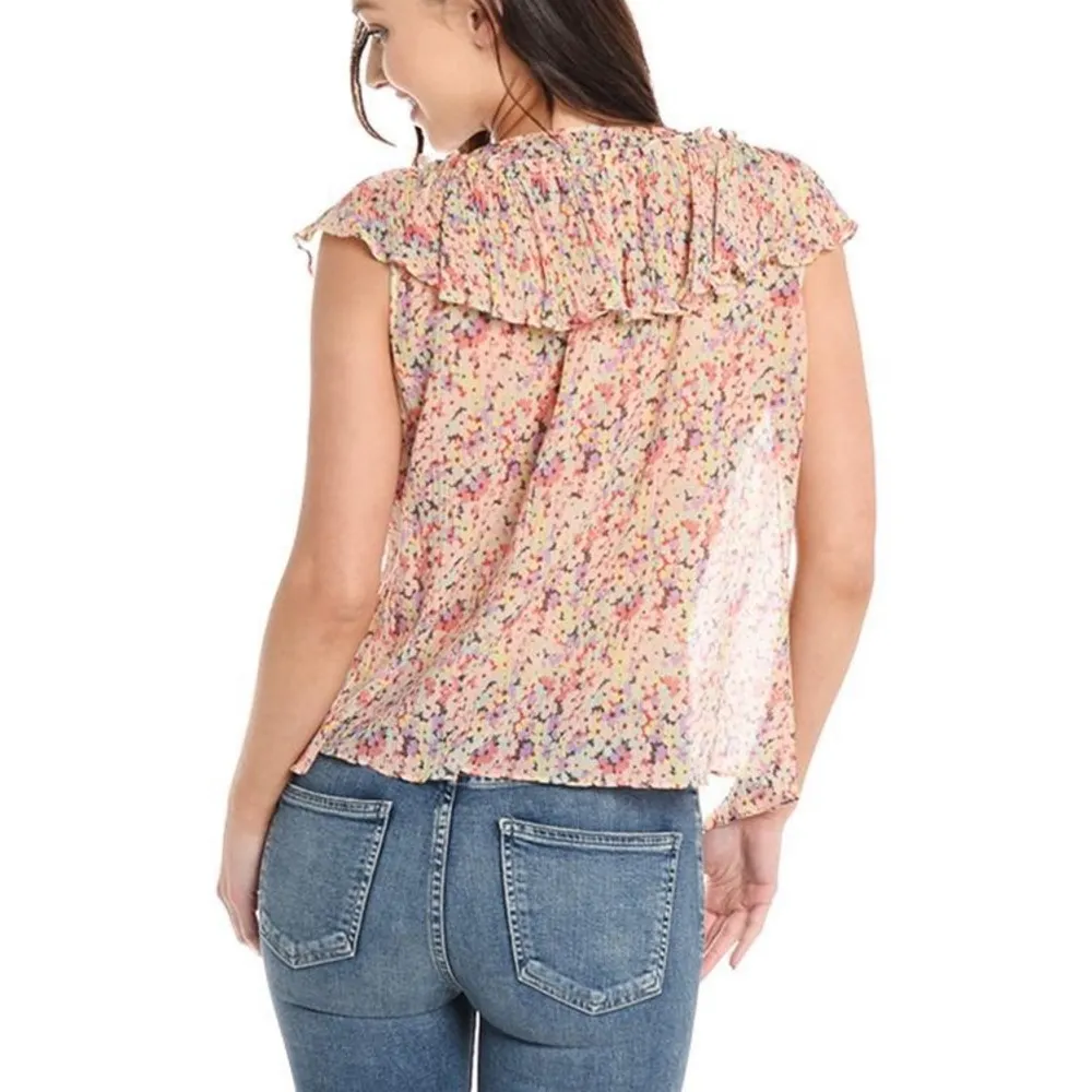 Rebecca Taylor Margo Ruffle Top Sz 10 Silk Blend Pink Printed - Image 4