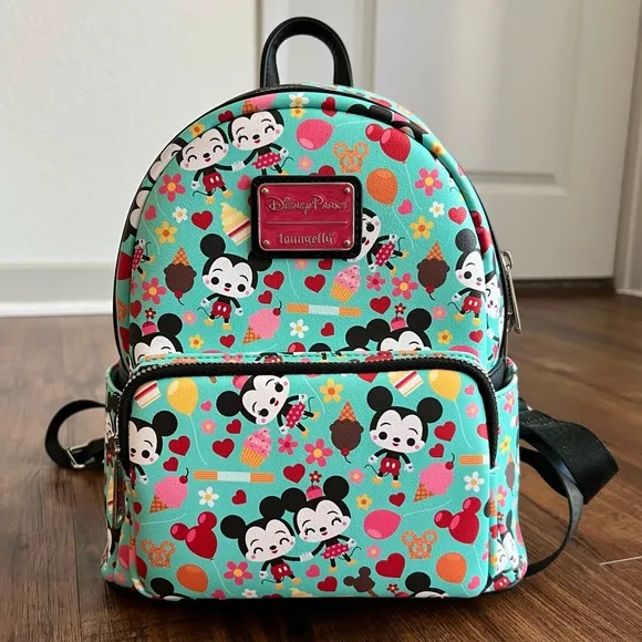 Loungefly Disney Parks Mickey Minnie Mouse Chibi Teal Blue Snacks Mini Backpack - Image 1