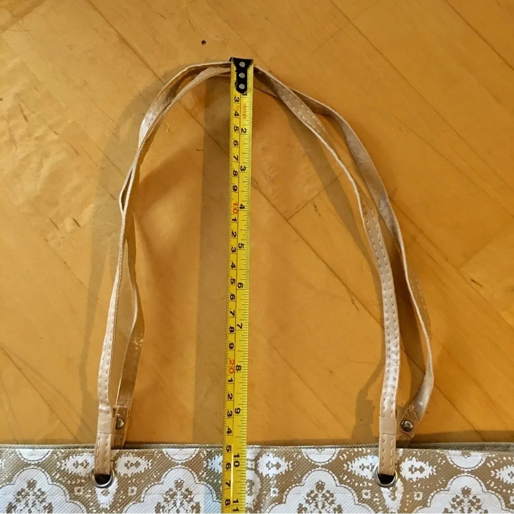 Floral Open Top Tote Bag, Leather Straps, Tan, White Tan - Image 10