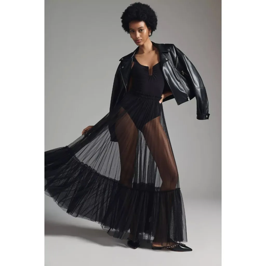 NWT Anthropologie Geisha Designs Sheer Tulle Maxi in Black Long Skirt S - Image 2