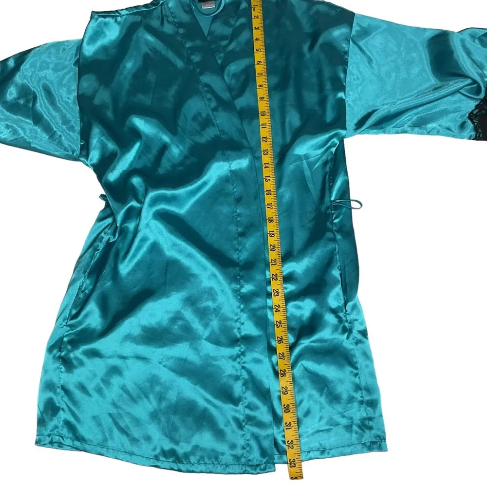 Fredericks of Hollywood Blue Satin Short Kimono Robe Lace‎ Trim Pockets Size M - Image 11