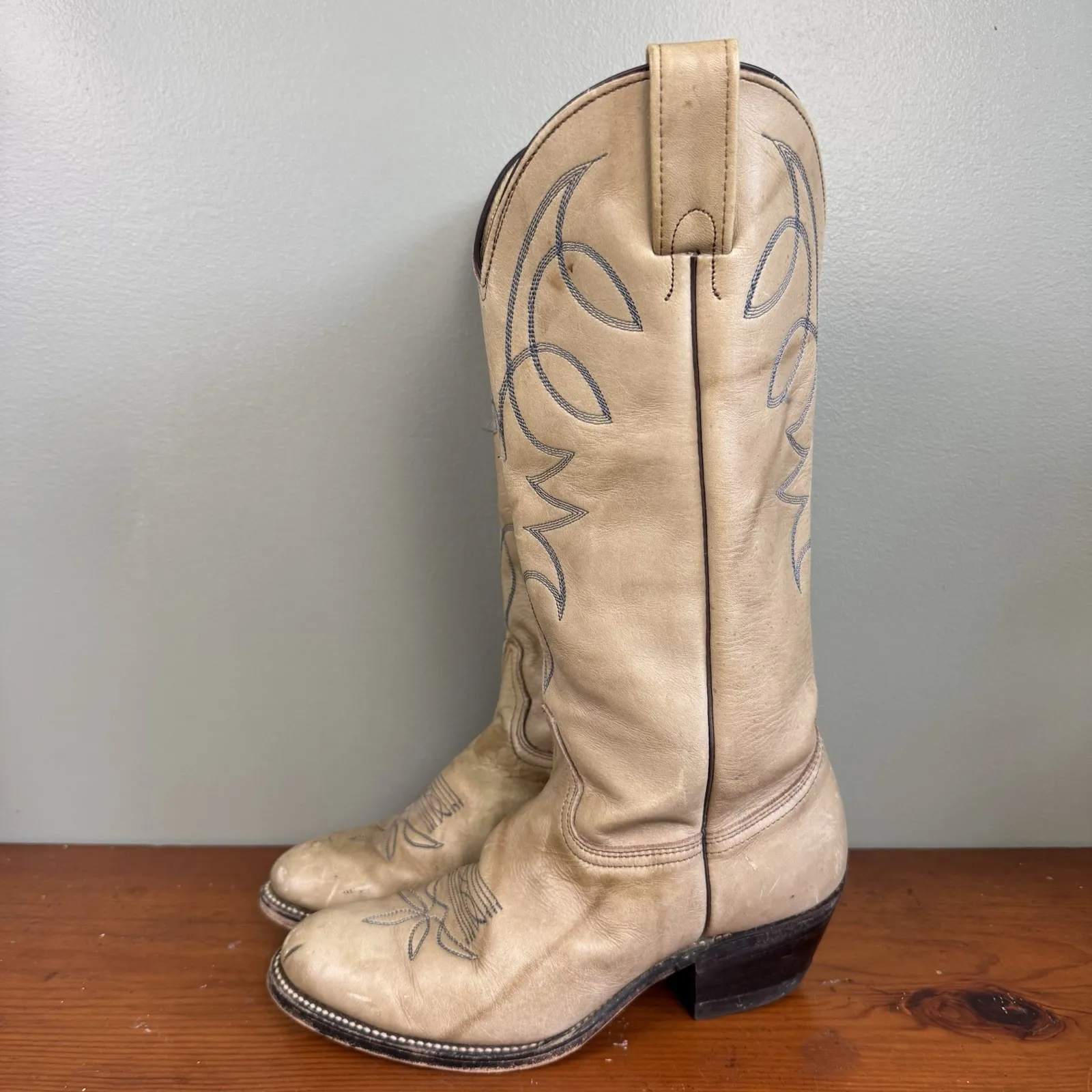 Vintage Marbled Tan Blue Embroidered Cowboy Western‎ Boots Women's Sz 7 - Image 3