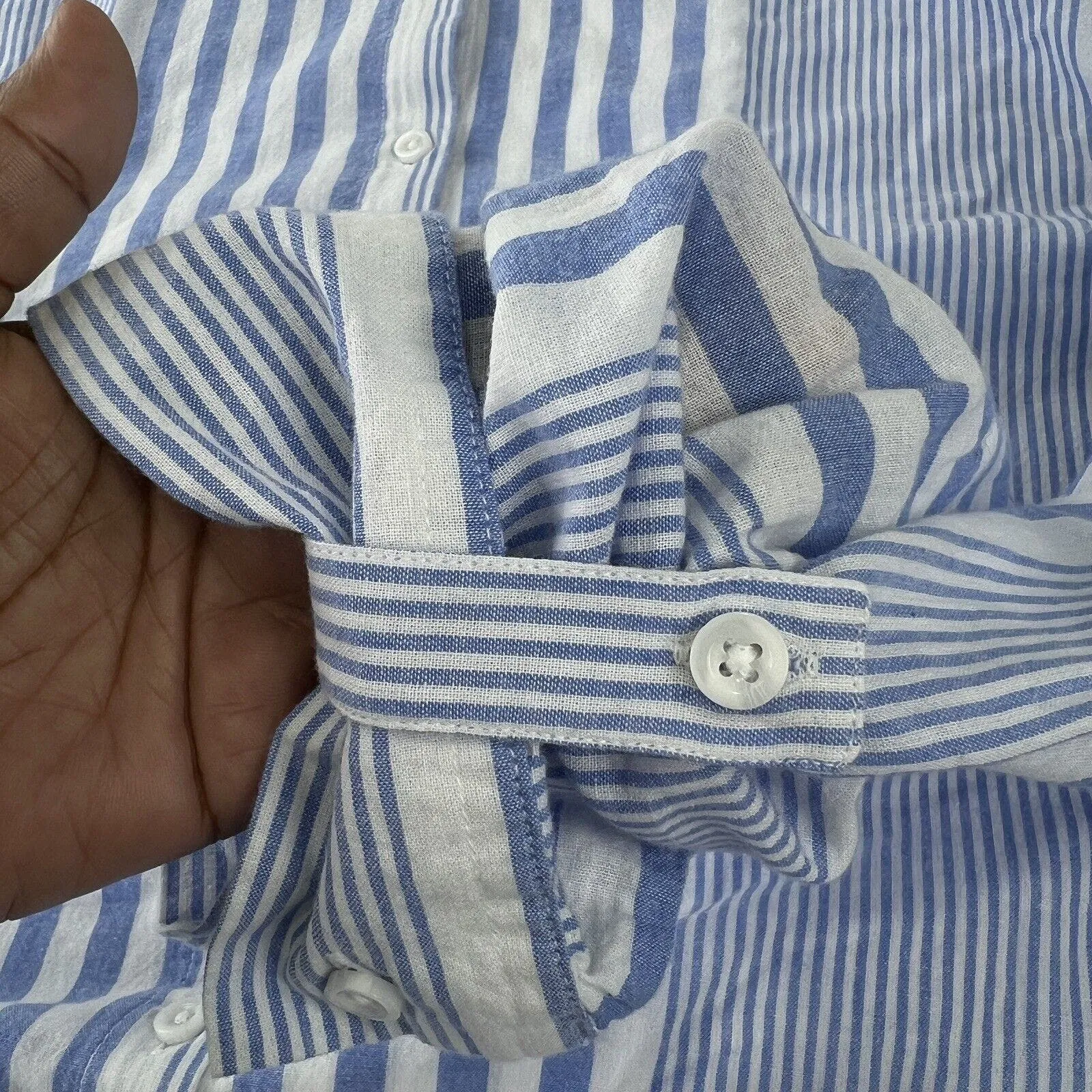 Eden & Olivia Shirt Women 3XL Blue White Stripe Roll Tab Sleeve Collar High Low - Image 8