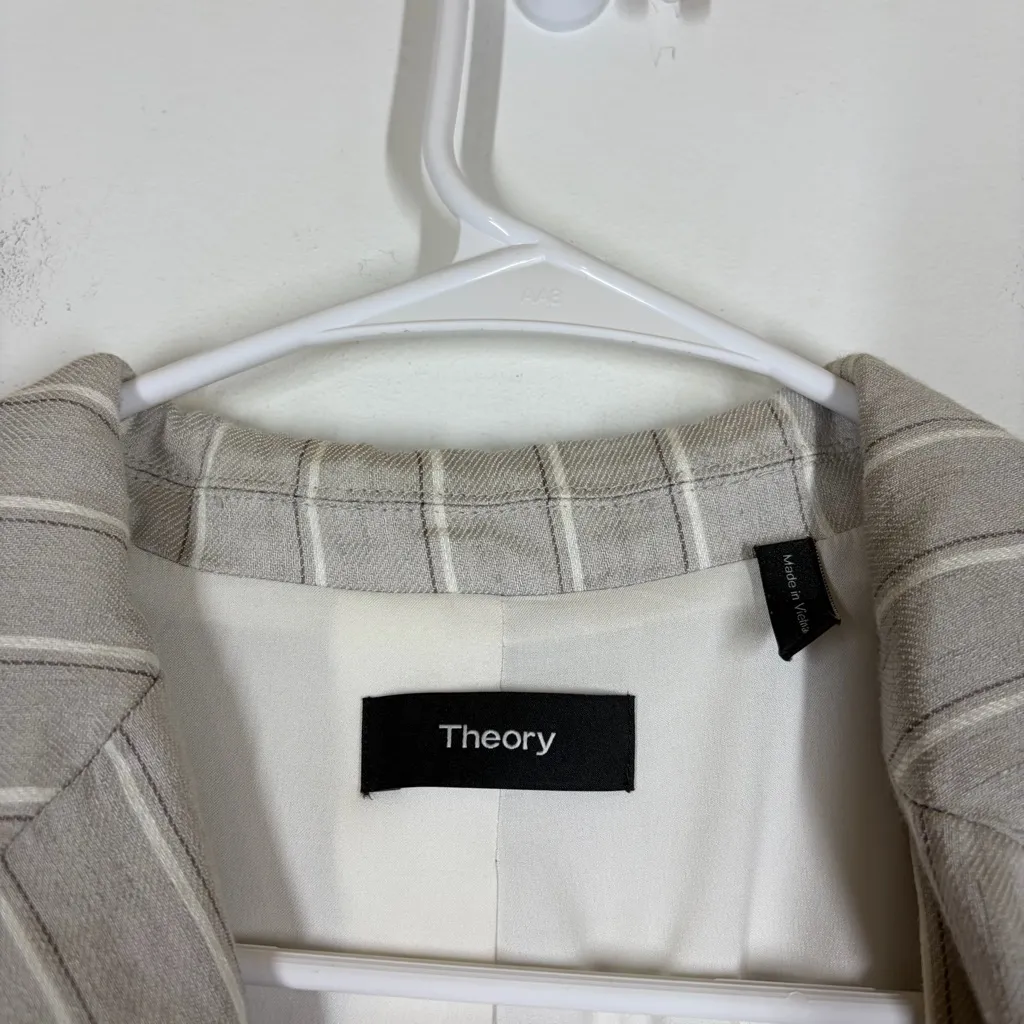 Theory Blazer Double Breasted Tailor Jacket Striped Linen Size 8 - Image 15