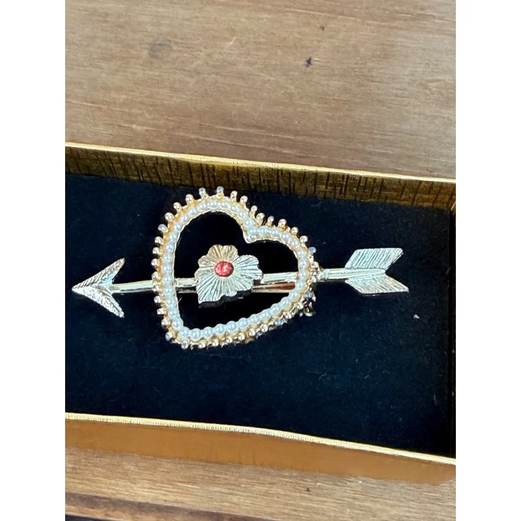 Vintage Gold Tone Pearl Heart & Arrow Brooch With Red Crystal Flower Pin In Gift - Image 7
