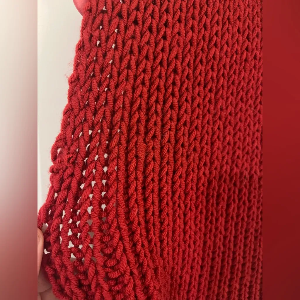 Chunky Knit Red Shawl Collar Cardigan Handmade Look Cozy Sleeveless Sweater Vest - Image 9