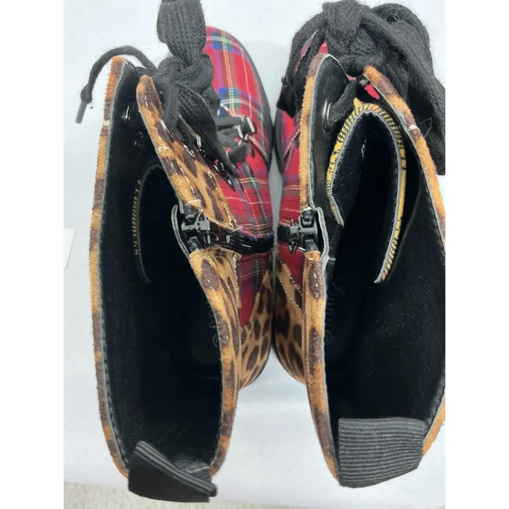 Womans Rouge Ankle Boots Chunky 10 M Plaid Animal Print Lace Up Zip Up Red - Image 6