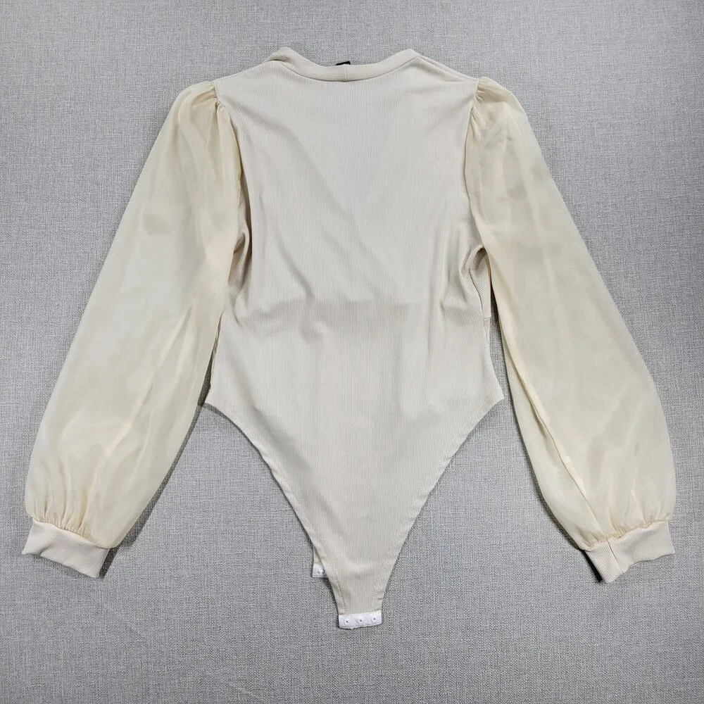 SHEIN Womens Bodysuit XL Cream Mesh Contrast Textured Ribbed Puff Sleeve - Image 12