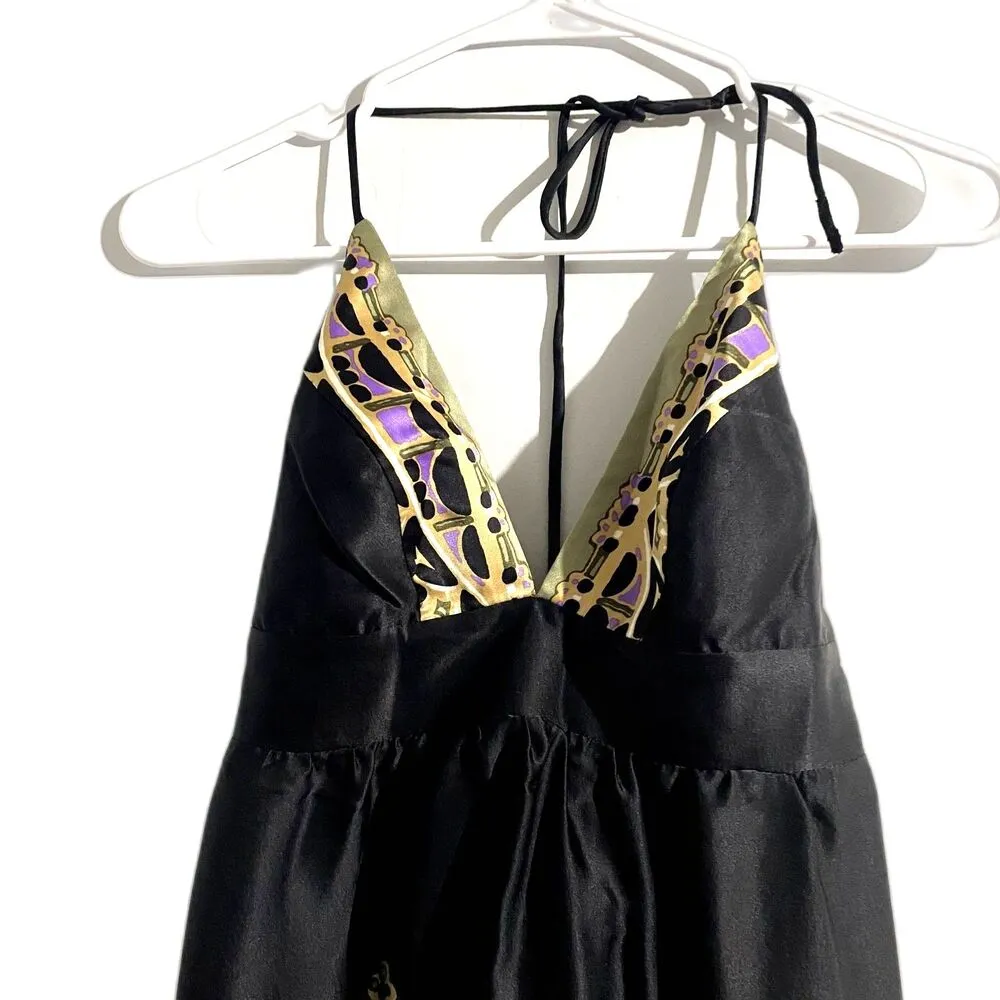 Alice & Trixie Y2K Babydoll Halter Mini Dress Black 100% Silk Boho Print Size XS - Image 2