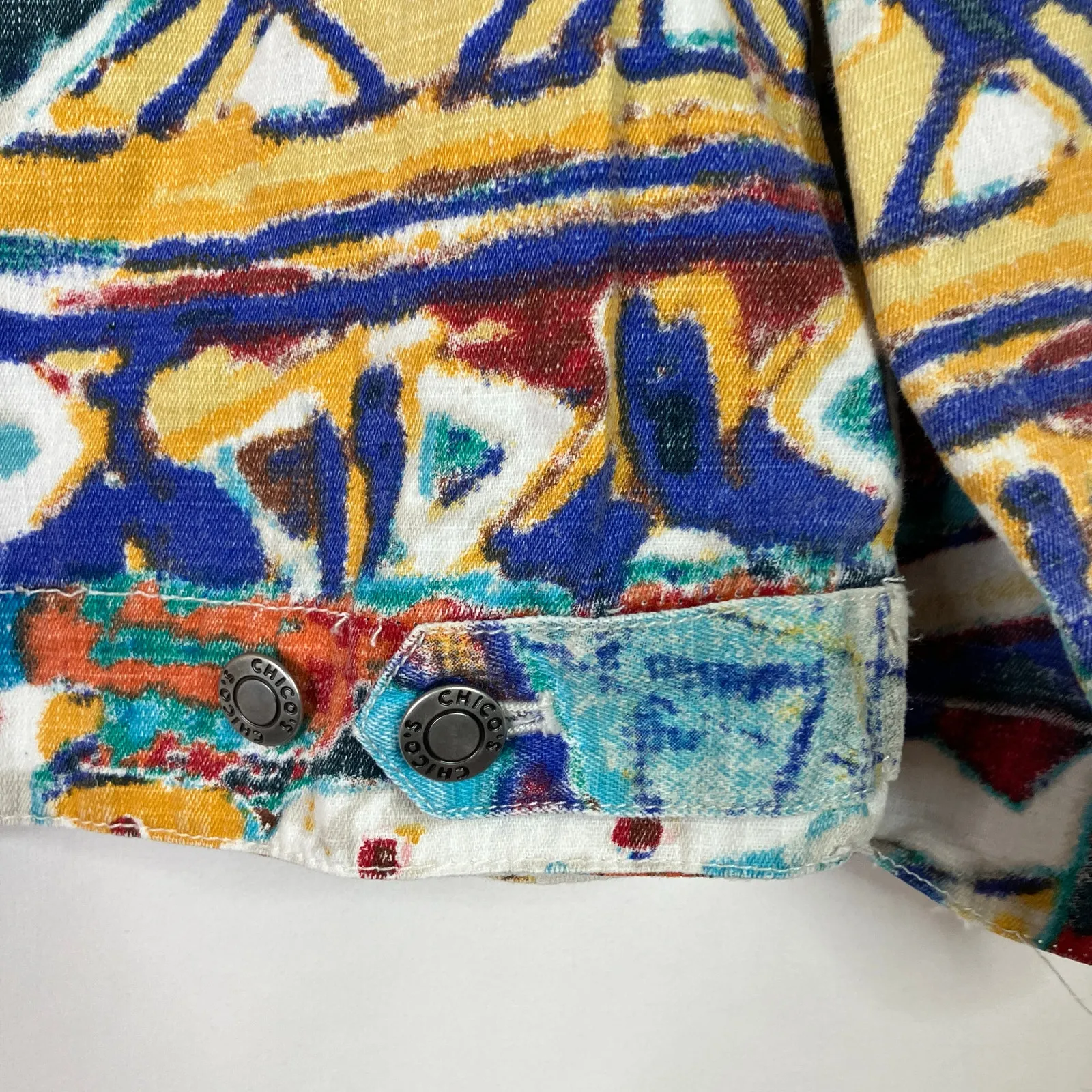 Chico's Design | VTG Abstract Jewel Tone Button Linen Cotton Jacket Chico 2/US L - Image 3