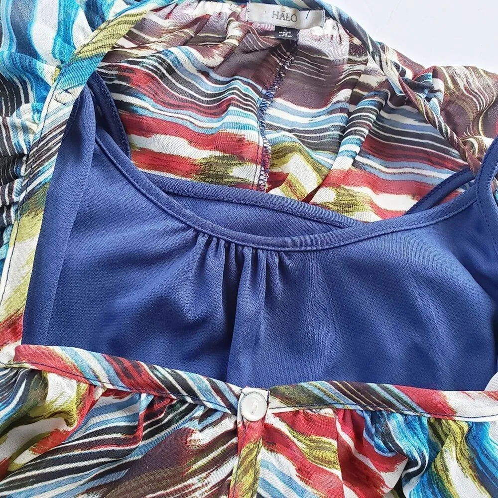 Halo Asymmetric Hem Sheer Womens Top Sz S Boho Tank Rainbow Tunic Button Flowy - Image 4