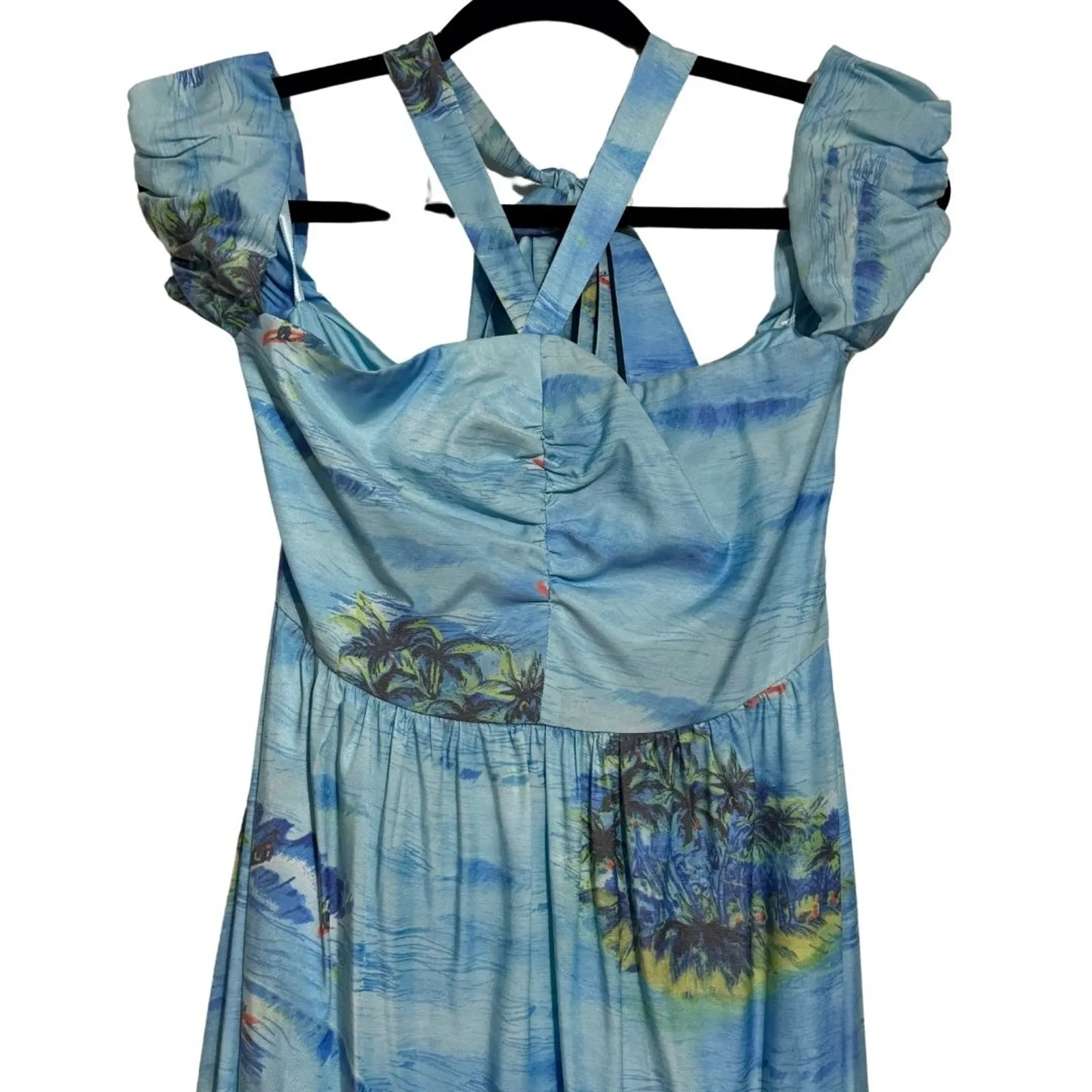 STAUD Viviana Blue Island Print Maxi Dress Off the Shoulder Halter Tie EUC Sz 2 - Image 4