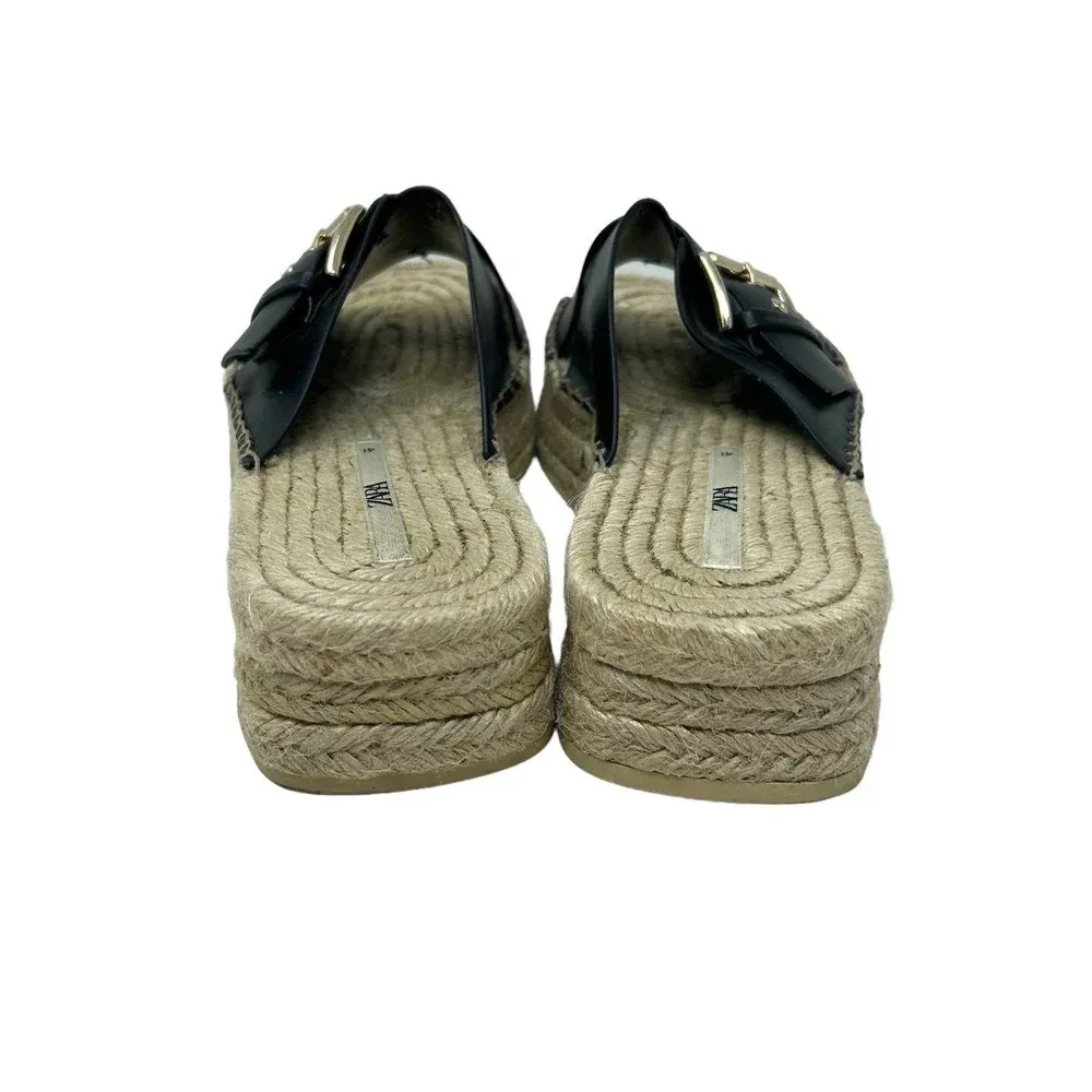 Zara Black Leather Buckle‎ Espadrille Jute Slide Sandals Size 41 / US 10.5 - Image 5