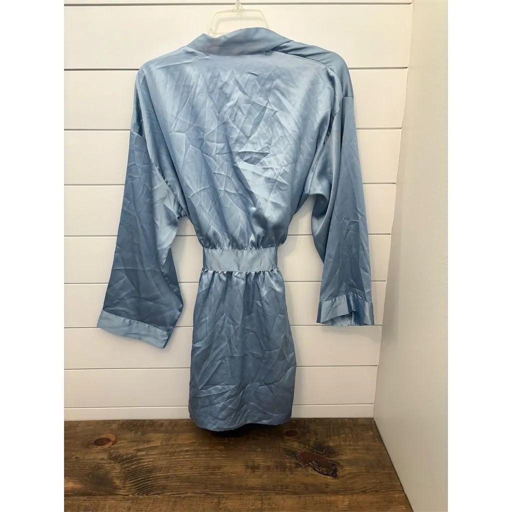 Victoria Secret Women's Blue Satin Robe 3/4 Sleeve Tie Closure‎ - Image 3