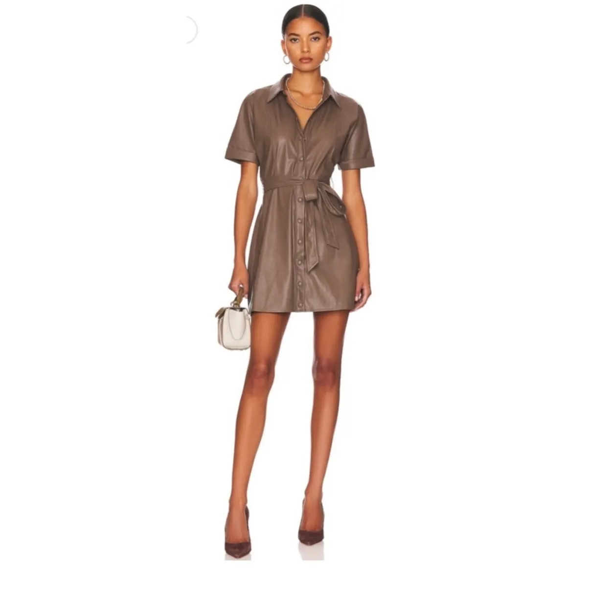 Heartloom Faux Leather Brown Mini Dress w Waist Tie Collar & Snap Buttons XS NWT - Image 5