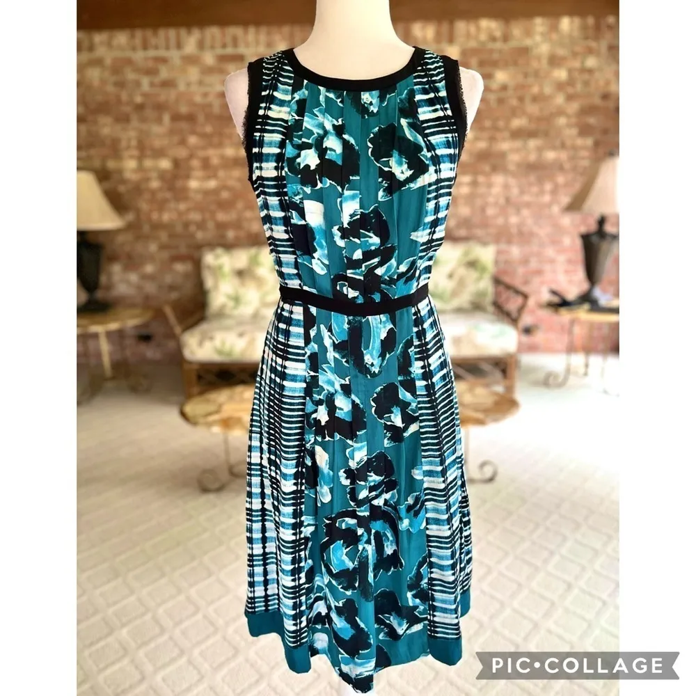 Adrianna Papell Dress Floral Pleated Fit and Flare Teal Blue Sleeveless Belt 4 - Image 3
