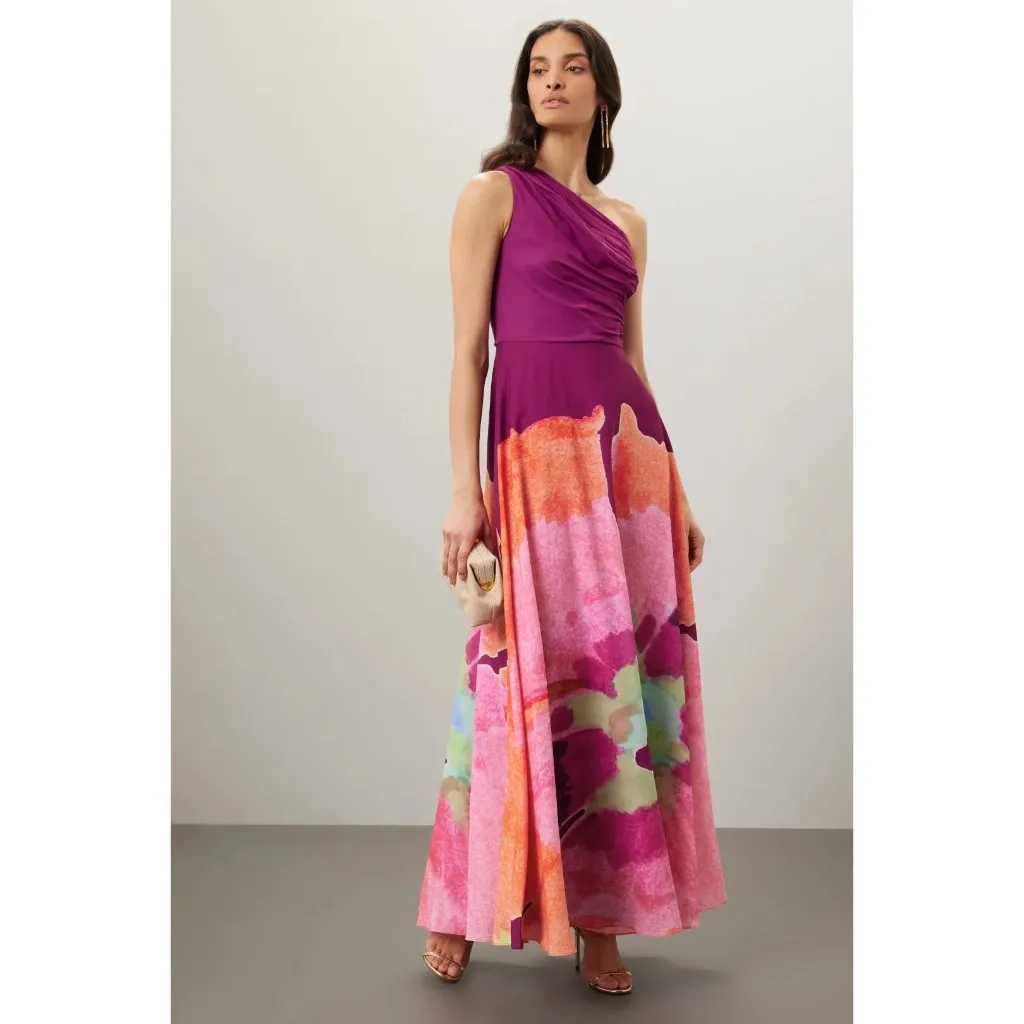 AMUR Atlas Painterly One Shoulder Floral Evening Gown Purple Womens Size 4 Pink - Image 2