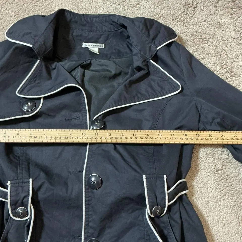 Dalia Collection Womens Black White Piping Trench Coat Belted Button Front - Image 5