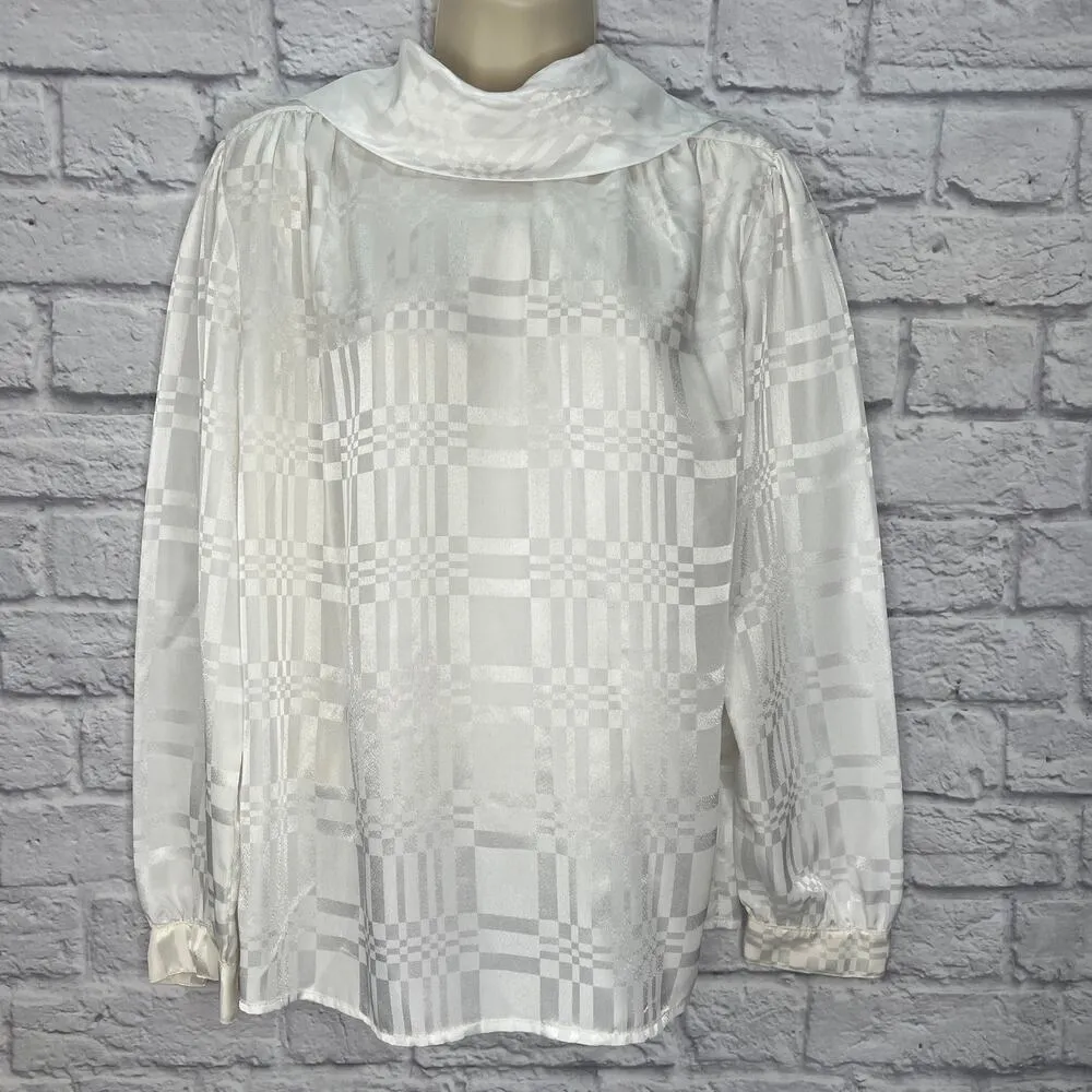 Vintage Joanna White Shiny Secretary Blouse Scarf Long Sleeve Size M Checkered Size M - Image 3