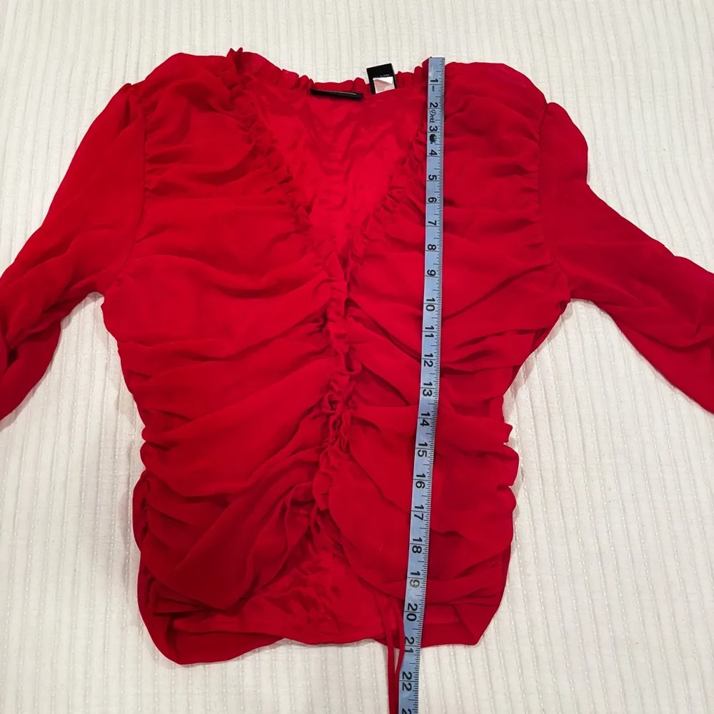 Moda International Red Ruched Tie Up Women's Long Sleeve Euro Ruffle Top Size S - Image 7
