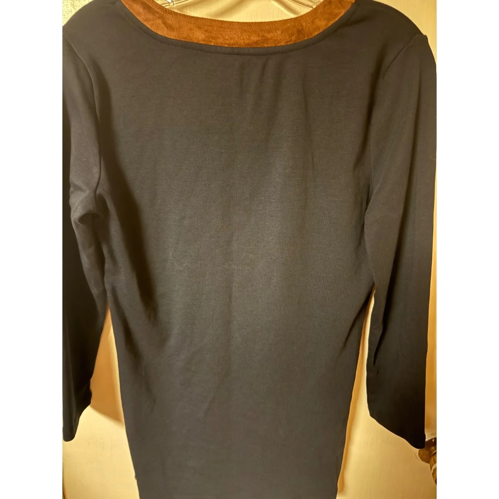 Lauren Ralph Lauren Tunic Top Blouse Womens Large Suede Trim Neck Black - L - Image 7