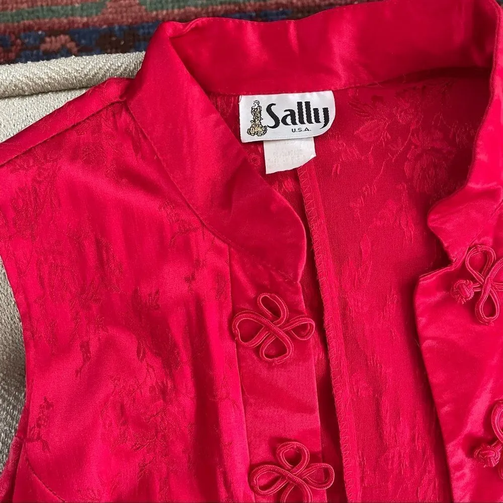 Vintage 80s Asian Chinese 3pc Outfit Duster Satin Pants Crossbody Purse M Red Size M - Image 15