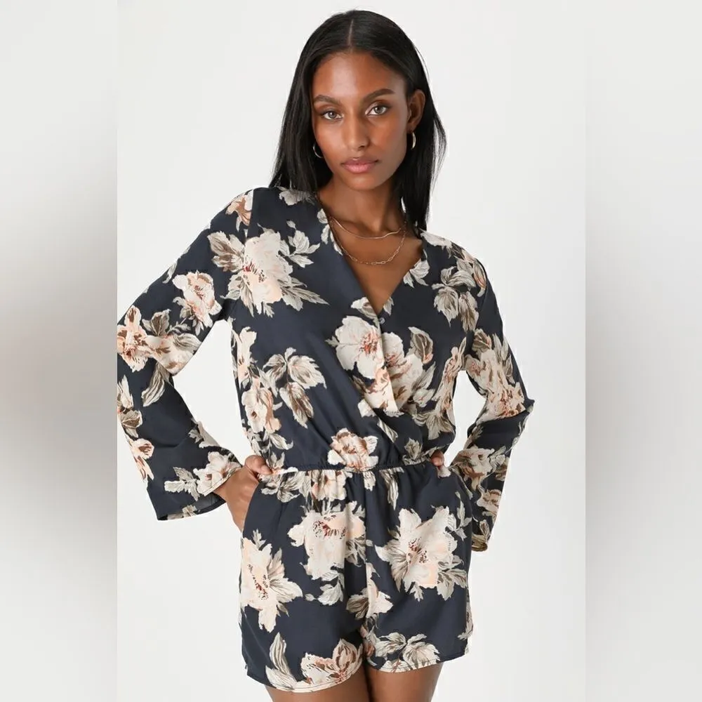 New Lulu’s Prairie Daydream Washed Navy Blue Floral Print Romper Sz XS - Image 3
