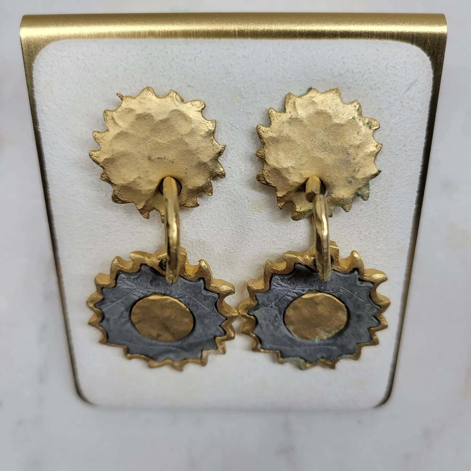 Vintage Sunburst Dangle Earrings Womens Gold Brass Handmade Celestial Statement - Image 5