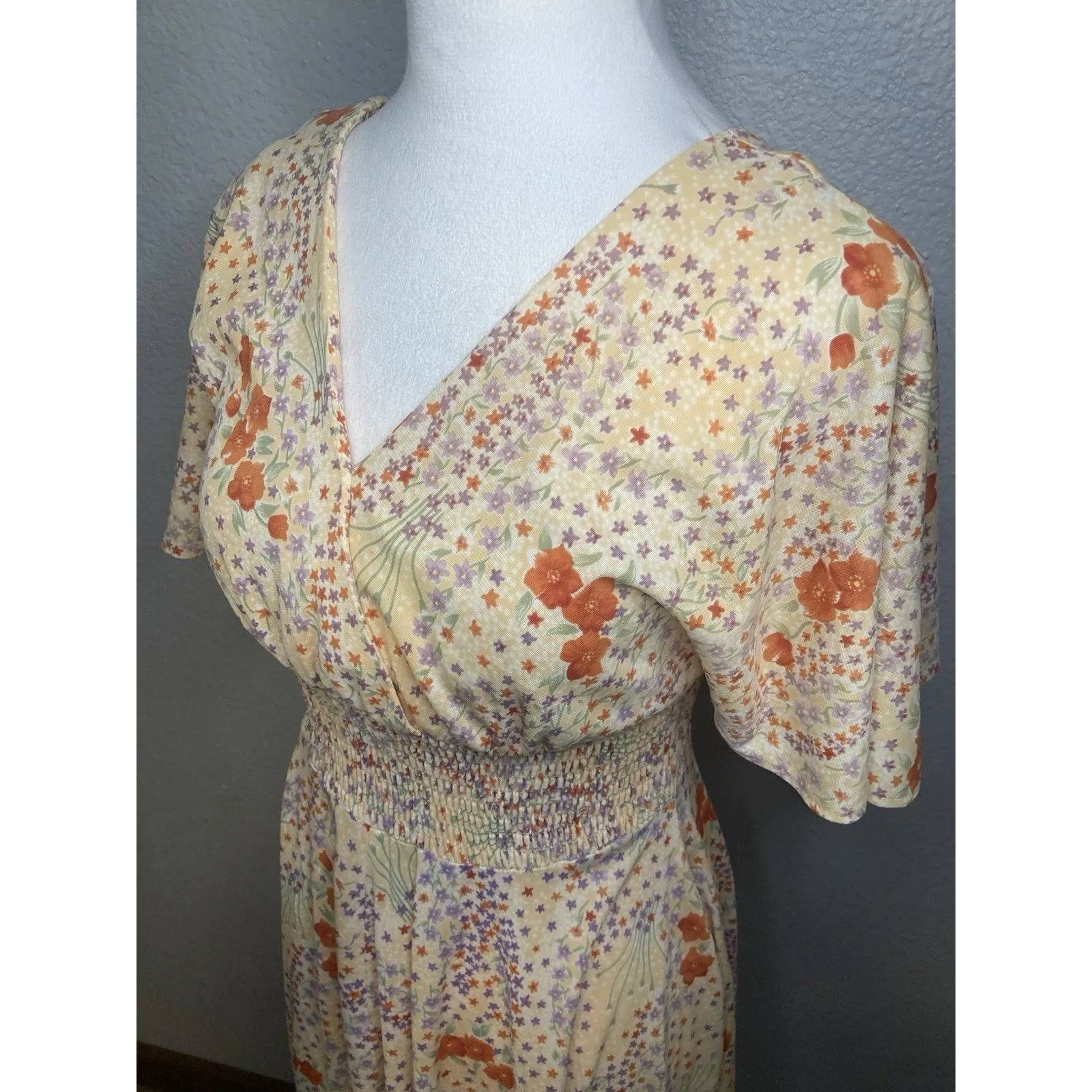 VTG Sears 70s Fairy Dress S Ditsy Floral Empire Waist Smocked Cottage Whimsical - Image 5