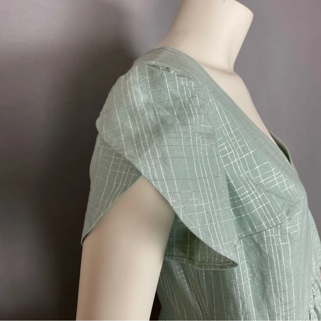Handmade Wrap Dress Green Metallic Tulip Sleeves Twee Pockets Gathered Skirt - Image 11