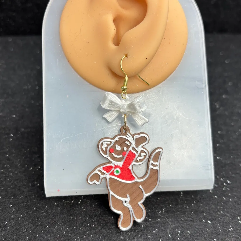 Roo Gingerbread Christmas Earrings with White Bows Red - Image 2