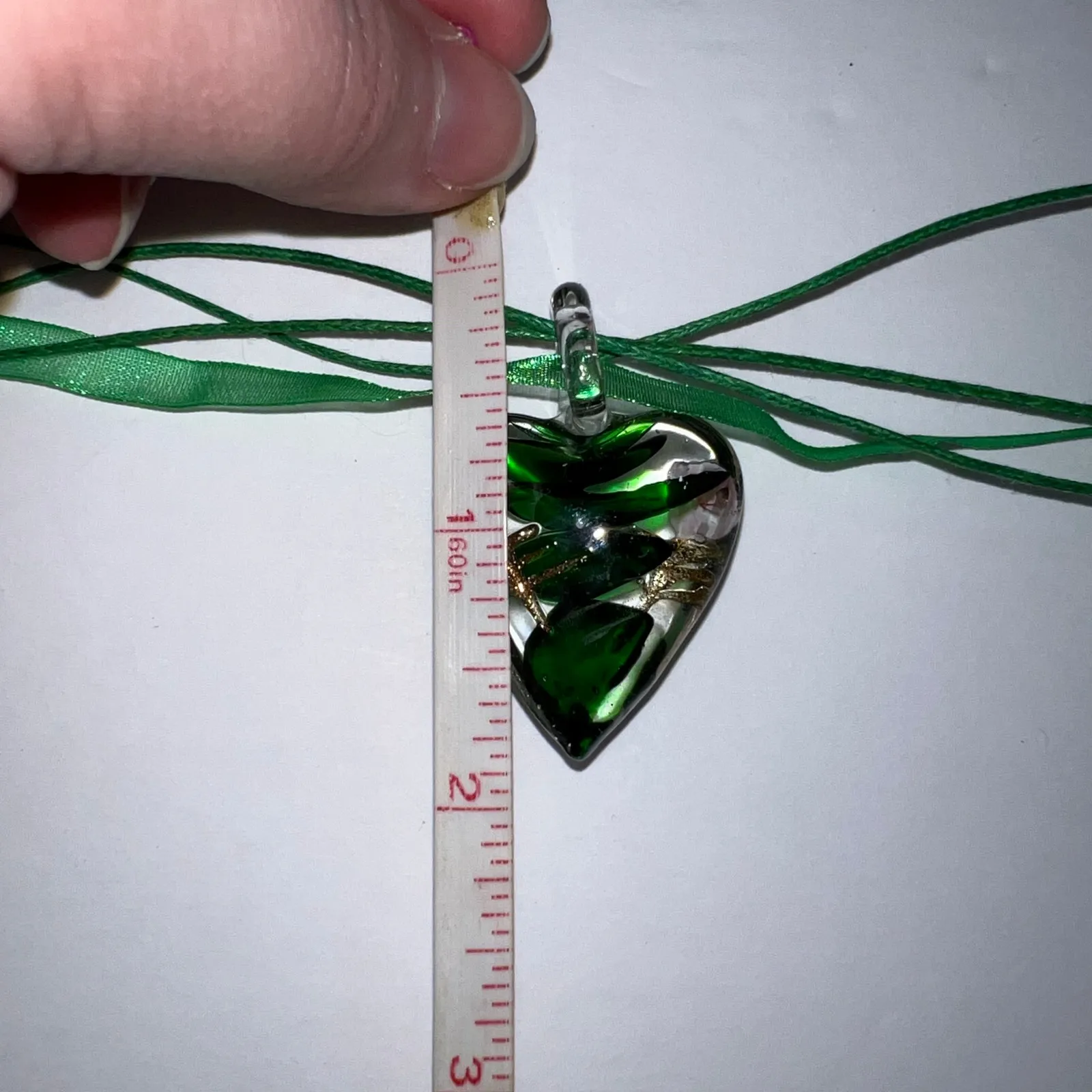Murano Glass Heart Pendant Necklace Clear Green Pink Gold Hand Painted Flower - Image 9
