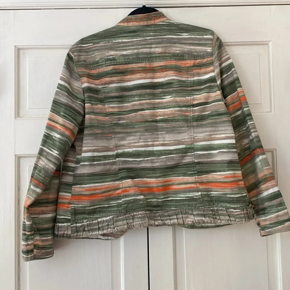 Chico’s Size 2 Abstract Striped‎ Cotton Ruffle Open Front Jacket Chicos Large - Image 9