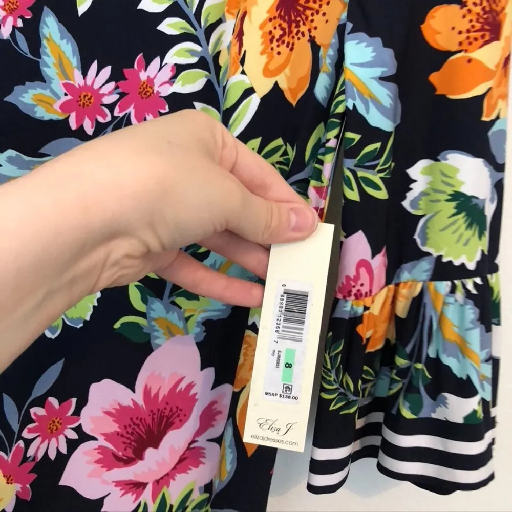 NEW NWT ELIZA J Navy Blue Pink Orange Floral Jersey Stretch Ruffle Shift Dress 8 - Image 7