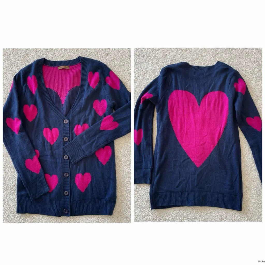 Valentine Hearts Love Sweetheart Cardigan Sweater The Classic Navy Pink Size L Blue Size L - Image 2